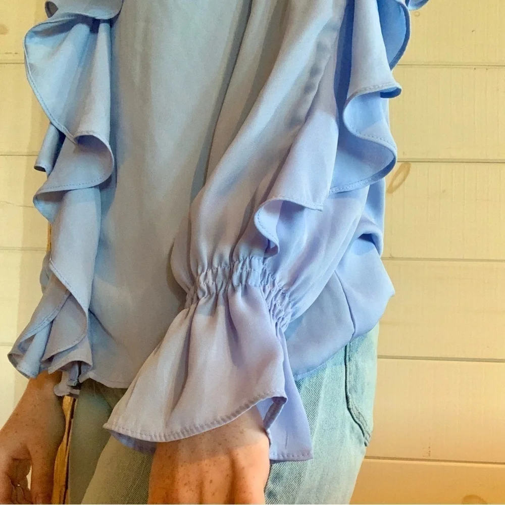 ZARA BLUE RUFFLED LONG SLEEVE BLOUSE - Picture 6 of 7